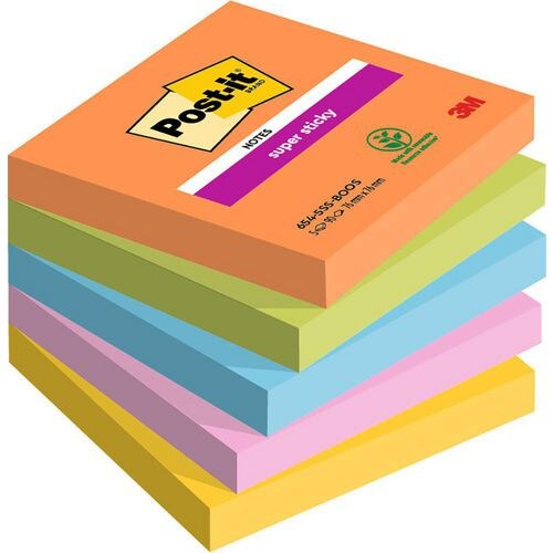 POST-IT® Notes Super Sticky Boost 76x76mm. Lot de 5 blocs de 90 F. Ass : orange/vert/bleu/rose/jaune.