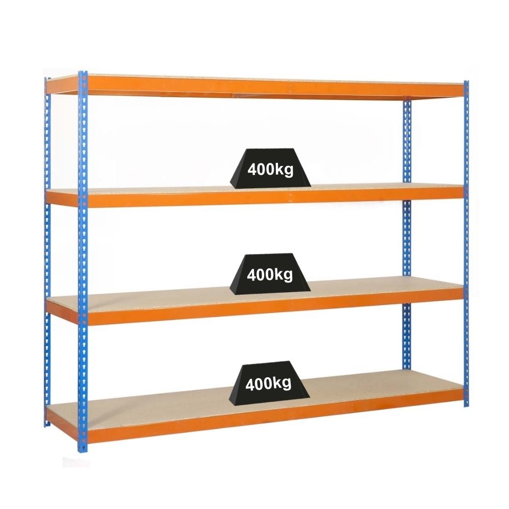 PROREGAL Schwerlastregal WOOD YETI FOUR | HxBxT 200x120x60cm | Fachlast 400kg | Blau-Orange | Standregal Lagerregal