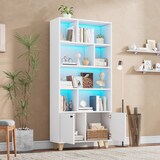 thumbnail of Bücherregal 80x30x173 cm mit LED-Beleuchtung Doppeltüren 7 Fächer Massivholzbeine MDF Weiß modernes Stauraumregal für Wohnbereich