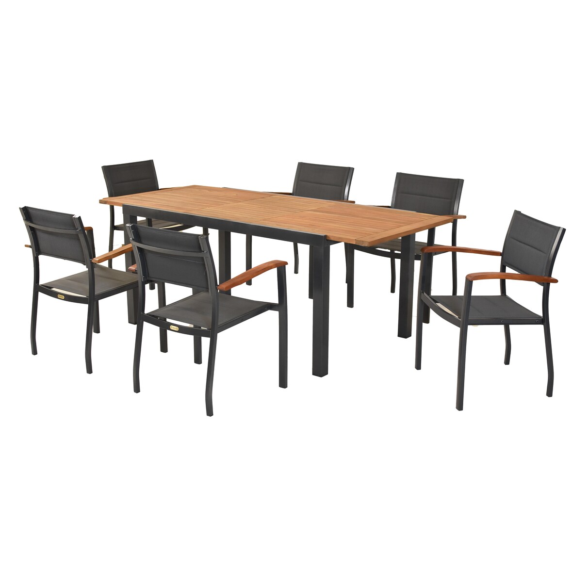 Merxx Paxos Set 7tlg., 6 Stapelsessel, 1 Ausziehtisch 150 (200) x 90 cm, Aluminium/Textil