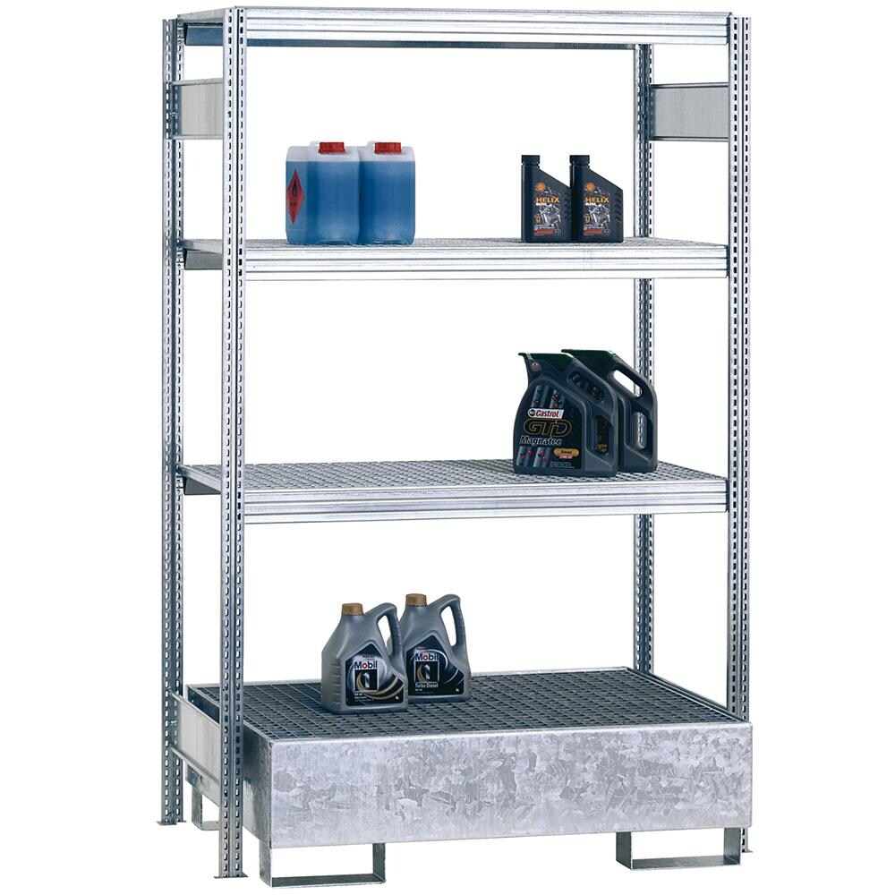 PROREGAL Umweltregal mit Auffangwanne FALKE Stecksystem | Grundregal | HxBxT 200x128x60cm | 3 Ebenen | Fachlast 250kg | Verzinkt