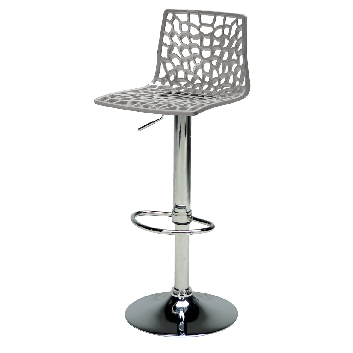 Sgabello SPIDER con la seduta in polipropilene grigio perla con base cromata girevole, regolabile con poggiapiedi. 45x45x82/102