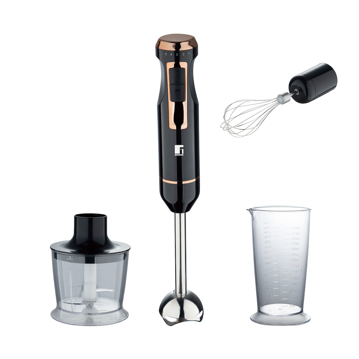 BERGNER Copper IC - Batidora de Mano 3 en 1 1000W 5 Velocidades con Turbo con Picadora 500ml, Taza 700ml y Varilla