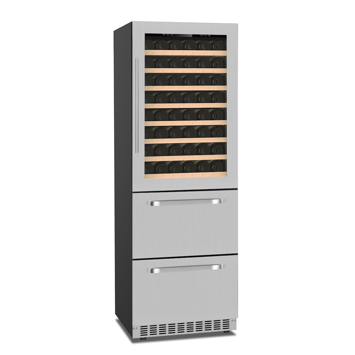 Frigo combinato vini-bibite 2 temperature con porta inox. Mensole in legno e cassetti. Illuminazione a led. Termometro digitale. Modello DW190SILVER