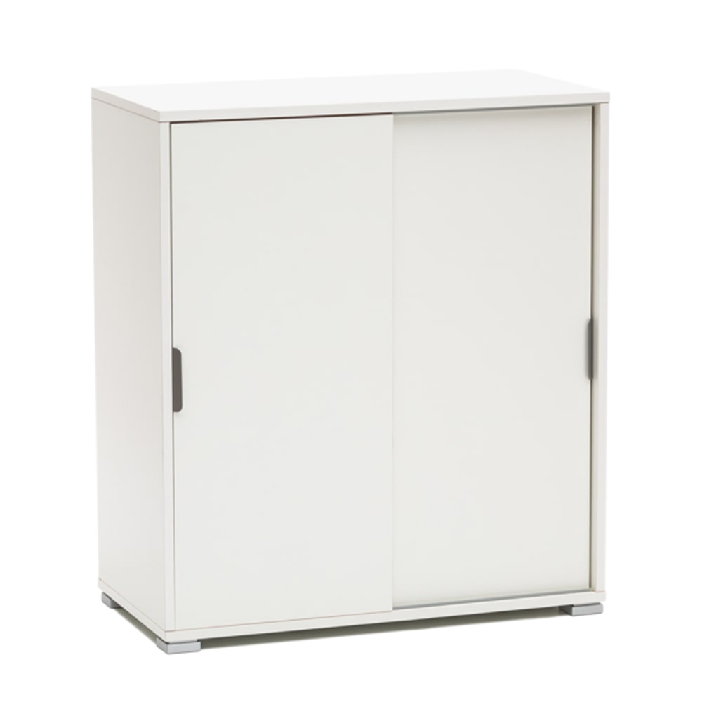 Mueble blanco 75×85×38 cm con 2 puertas correderas y estantes regulables, ya montado para varios espacios.