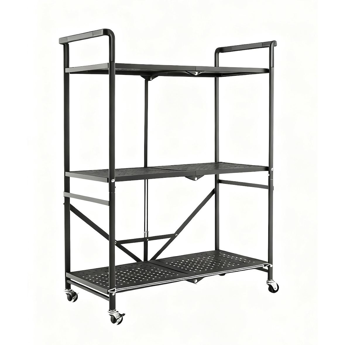 COSTWAY Carrito de Servicio Plegable, Carrito de Cocina con 4 Ruedas, 2 Bloqueables, 3 Niveles de Estante Metálico, Carrito Multiusos para Cocina