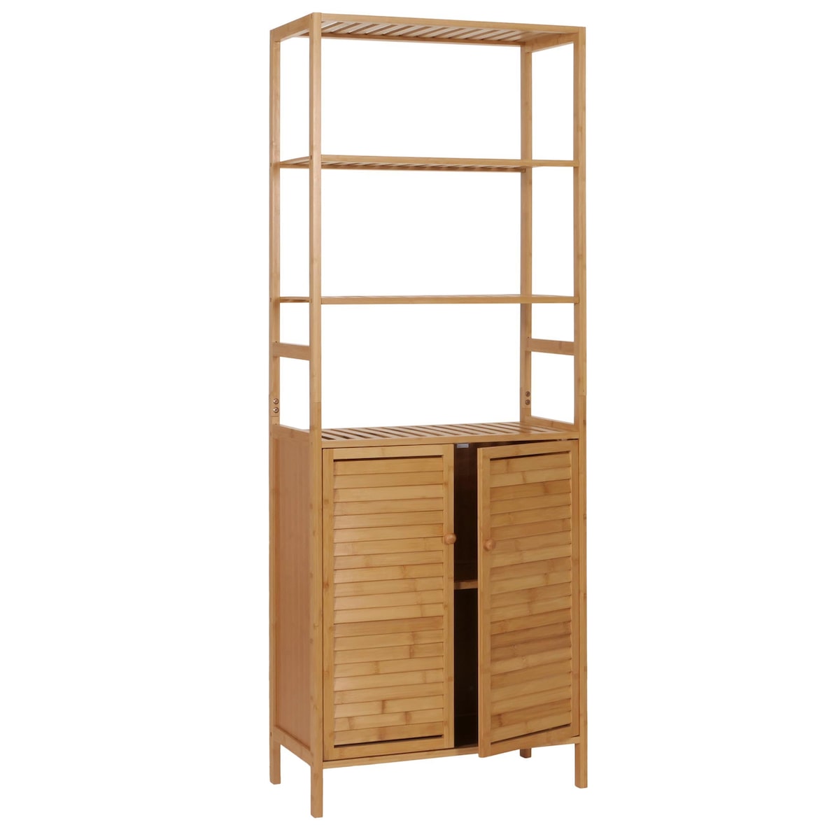 Armario alto HWC-B18, armario de baño estantería de baño, 2 puertas 4 estantes bambú MDF 168x64x33cm
