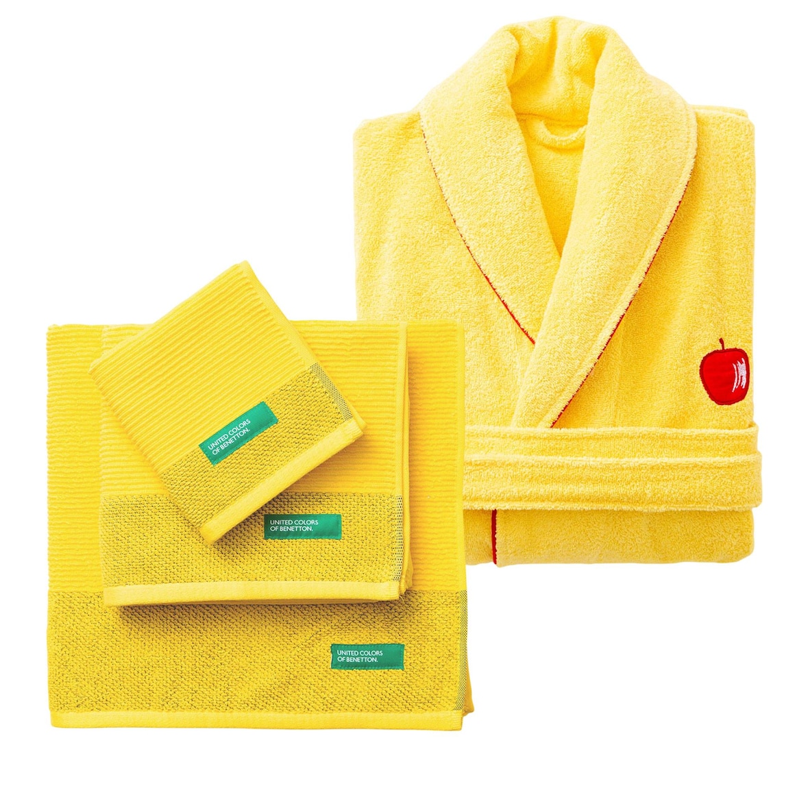 Benetton - Bademantel L/XL 380 g/m² 100 % Baumwolle mit 3er-Set Badetücher 100 % Baumwolle Gelb Regenbogen