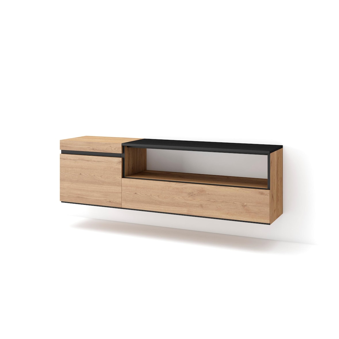 Móvel de TV, Muito espaço de arrumação, 150x35x45cm, Para televisores até 65", Suspensos, Estilo moderno, Carvalho e preto _ 53_11