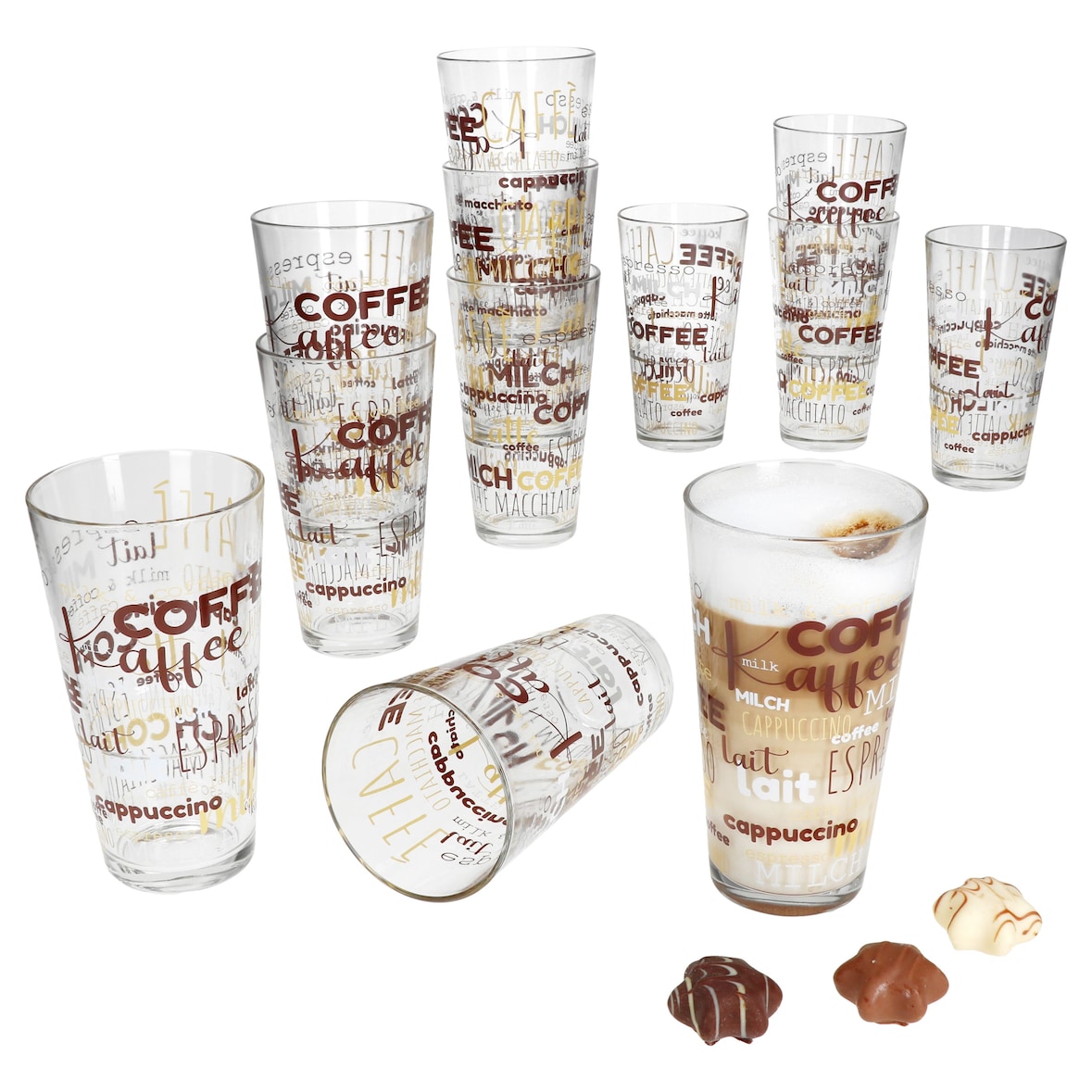 12er Set CANDY Latte Macchiato Gläser mit Schrift-Dekor 380ml