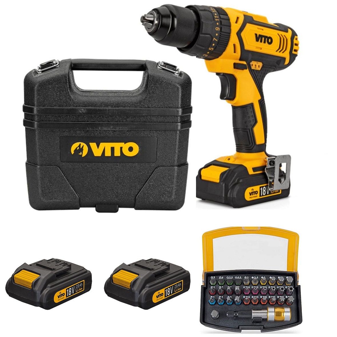 Furadeira sem fio 18V 2 baterias de lítio 2Ah + carregador + chave de fenda conjunto 32 peças VITO
