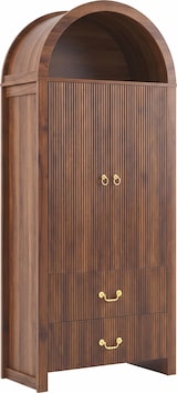 thumbnail of Merax hoge kast met LED-nis, 2 deuren, geribbelde structuur en 2 laden, walnoot, 76 x 38 x 180 cm