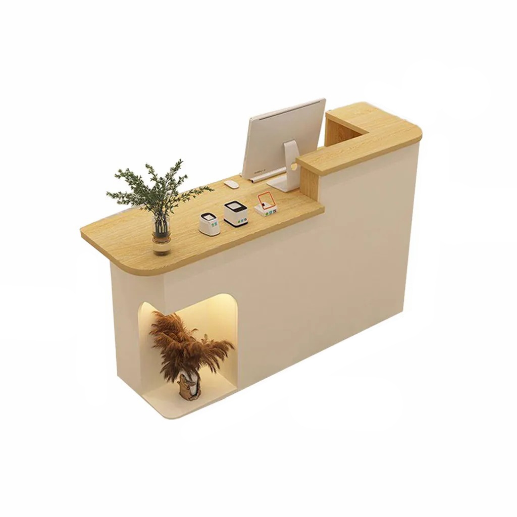 Rezeption Theke Bar Kasse Schreibtisch Holzoptik und Beige 80cm R