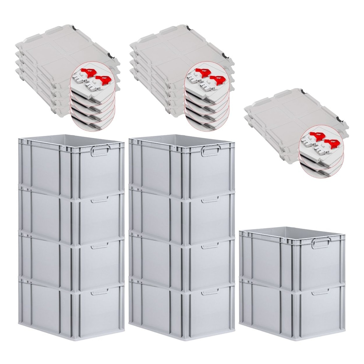 PROREGAL 10x Eurobox NextGen Grip mit Scharnierdeckel & roten Verschlüssen | HxBxT 32x40x60cm | 65 Liter | Griffe geschlossen | Verstärkter Boden