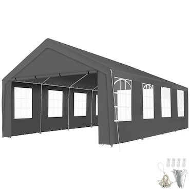 TECTAKE Tenda Mamut com painéis laterais e cordas de fixação, estável e impermeável, 8 x 4 m, cinzenta