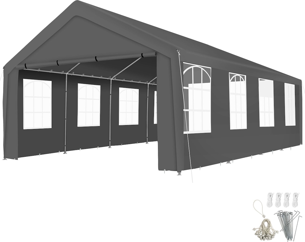 TECTAKE Tenda Mamut com painéis laterais e cordas de fixação, estável e impermeável, 8 x 4 m, cinzenta