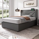 thumbnail of Einzelbett Stauraumbett Bettgestell 90x200 mit USB TypC Ladefunktion Kopfteil Stauraum Eisenrahmen Massivholzlatten modern bequem grau