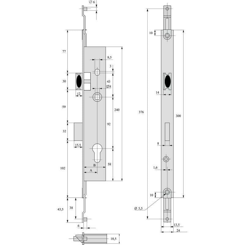 Serrure à larder 3 points série 2270 acier têtière inox 300x22x2,5 mm argent 45 mm STREMLER ASSA ABLOY