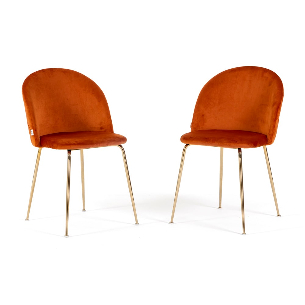 Lot de 2 chaises en velours avec pieds en métal, design élégant pour cuisine, salle à manger, bar ou restaurant – Sara – Rouille/Or