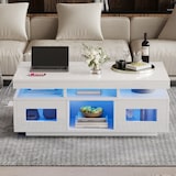 thumbnail of Moderner Couchtisch Weiß mit LED-Beleuchtung, USB-Anschluss, Stauraum, Rebound-Schranktüren, Halboffene Fächer, Kompakt 100x50x43 cm