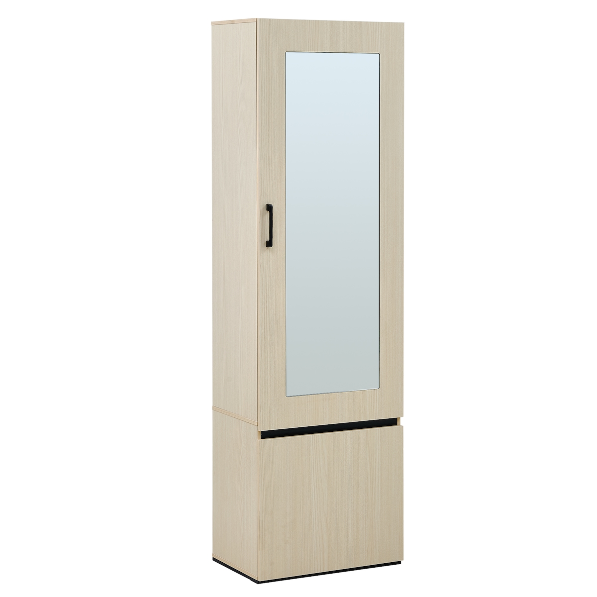 OKWISH Schmaler Garderobenschrank mit Spiegel und ausziehbarer Kleiderstange Holzoptik, modern, platzsparend, 54x34x179 cm, ideal für Flur und 