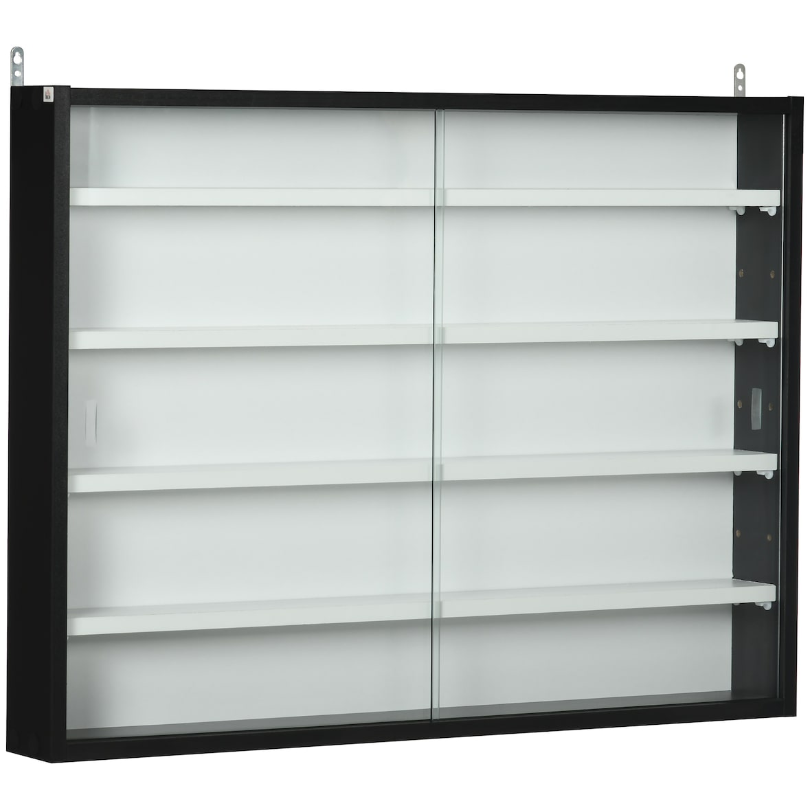 Vitrina Pared de Madera con Estantes Ajustables y 2 Puertas Correderas de Vidrio para Colecciones Perfumes Figuras de Decoración 80x9,5x60 cm Negro
