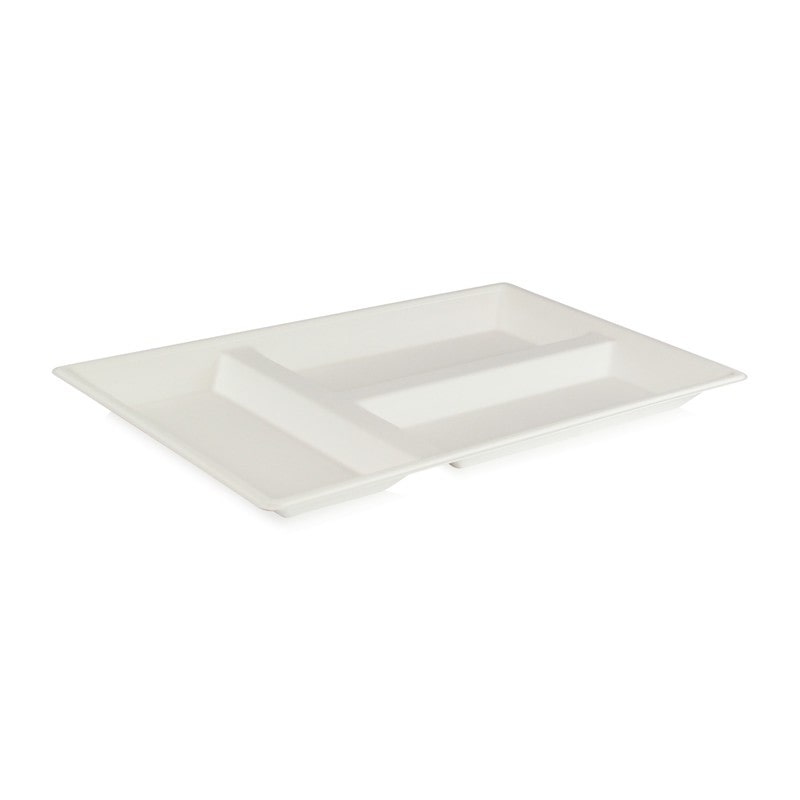 ECOLOMIQUE - 25 Pcs - Plateau rectangulaire blanc 3 compartiments en pulpe  40 x 28 cm - ECO210ECOD4029
