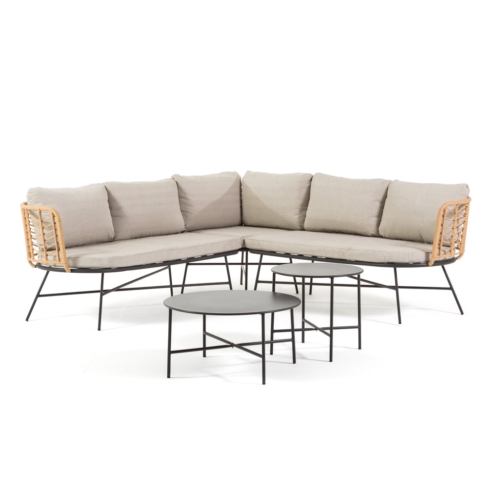 Conjunto de jardín estilo boho chic con sofá rinconero de ratán sintético y dos mesas de centro de metal, 5 plazas, con cojines – Tivoli Corner