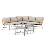 thumbnail of Conjunto de jardín estilo boho chic con sofá rinconero de ratán sintético y dos mesas de centro de metal, 5 plazas, con cojines – Tivoli Corner