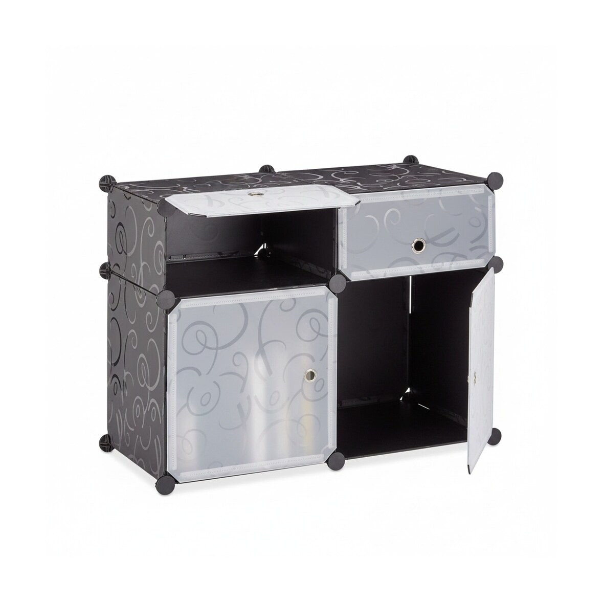 Relaxdays Regalsystem 4 Fächer, Standregal Kunststoff, Steckregal mit Türen, Badregal, HxBxT: 56 x 75 x 37 cm, schwarz