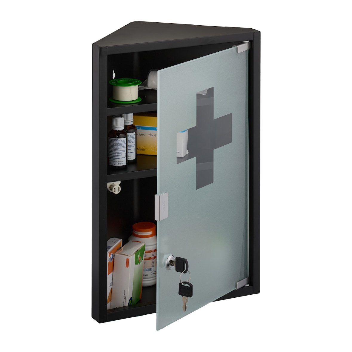 Relaxdays Medizinschrank, 3 Fächer, HBT: 45 x 30 x 17,5 cm, abschließbar, Stahl, Glastür, Eck Apothekenschrank, schwarz
