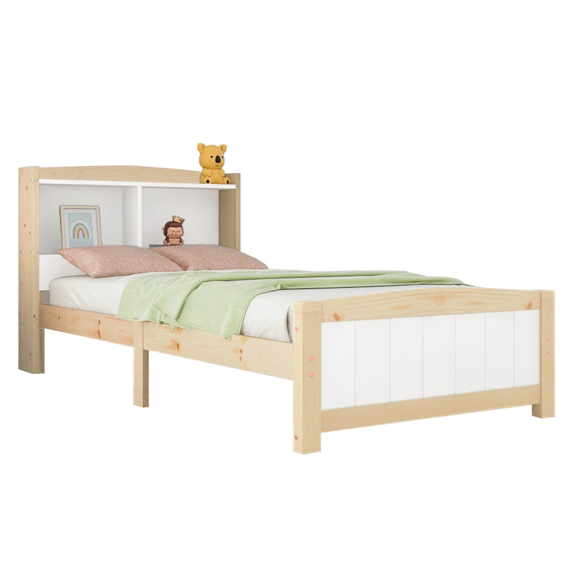 Merax Stauraumbett Einzelbett 90x200 aus Kiefernholz & MDF mit Stauraum-Kopfteil & Lattenrost für Schlafzimmer Weiß & Beige
