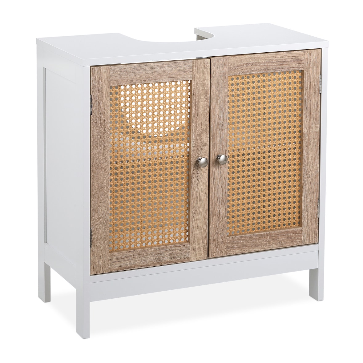 Relaxdays Waschbeckenunterschrank, 60 cm breit, 2 Fächer, Siphon-Aussparung, Rattan-Türen, Badunterschrank, weiß/ natur