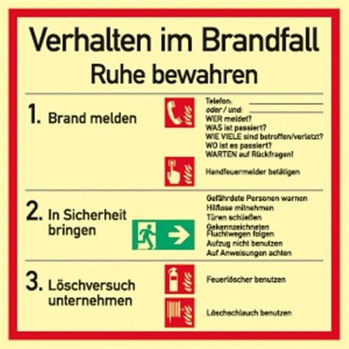 Schild Verhalten im Brandfall ISO 7010, Kunststoff, langnachleuchtend, 180x180 mm