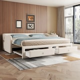 thumbnail of Merax Daybett, 90x200cm Tagesbett mit ausziehbarem Bett,Schlafsofa mit zwei Schubkästen, Einzelbett(Ohne Matratze), Leinen, beige