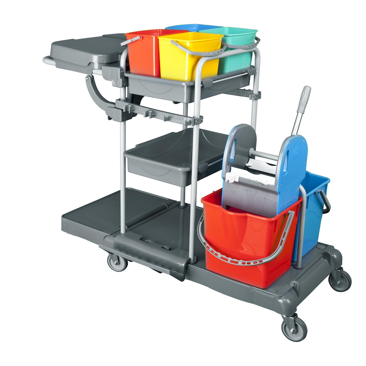 CleanSV® Deluxe Profi PE Reinigungswagen Putzwagen, mit Moppresse, 2 x 17 Liter Eimern, 4 x 5 Liter Eimer, 3 Ablagen, Müllsackhalter