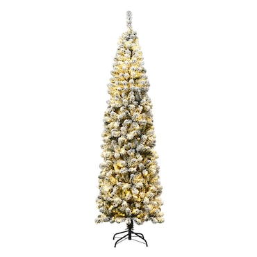 COSTWAY Albero di Natale a forma di matita da 225 cm con neve e luci LED bianche calde, albero di Natale artificiale con supporto in metallo