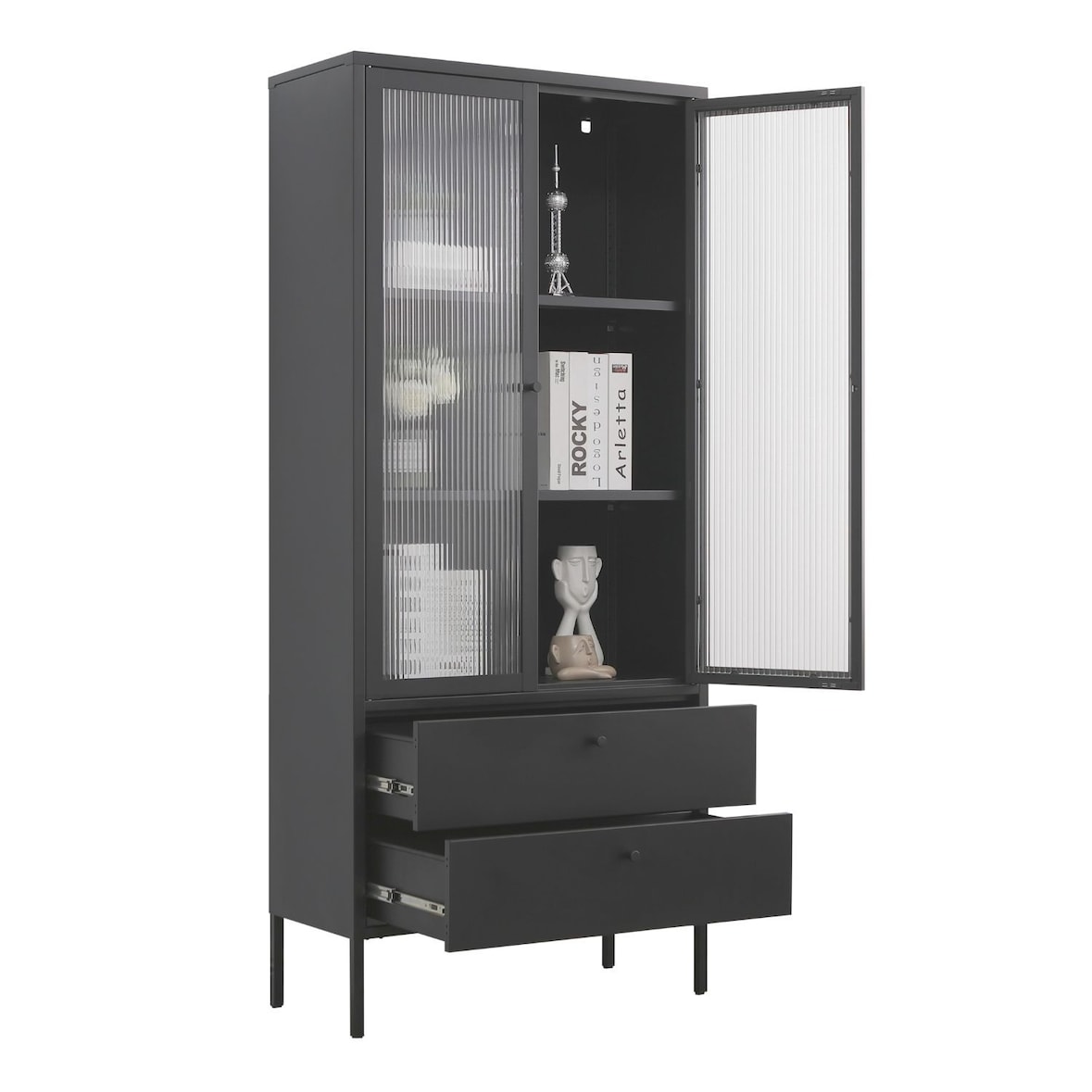 Mein-Regal Vitrine Paris Schwarz aus Metall mit Schubladen und Glastüren