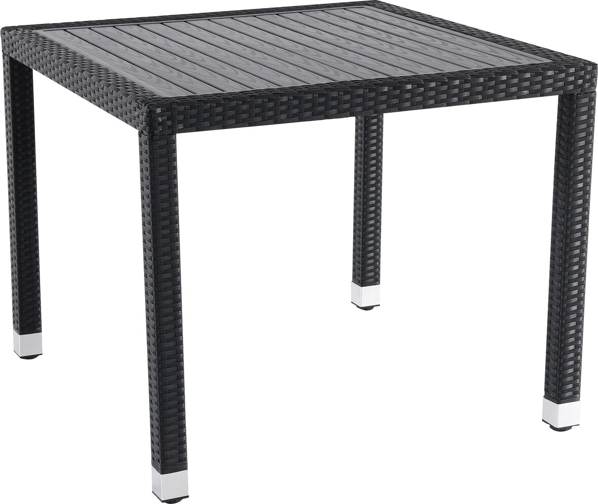 METRO Professional Mesa de comedor gastro Barbados, aluminio/ ratán PE, 90 x 90 x 74 cm,  tablero aspecto madera, resistente a la intemperie, negro