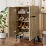 thumbnail of Schuhschrank 60x35x95 cm Holzfarben+Schwarz mit Doppeltüren und verstellbaren Einlegeböden, platzsparender Stauraum für Flur und Eingangsbereich