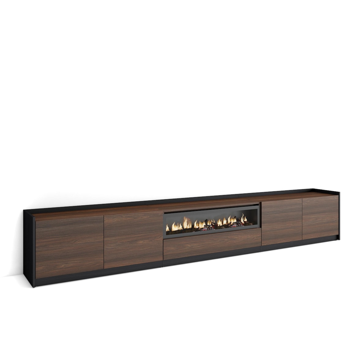 TV-Schrank, Lowboard, für Wohnzimmer und Esszimmer, 310x50x37 cm, Für TV-Geräte bis zu 80", Elektrokamin., Moderner Stil, Dunkler Eiche und Schwarz