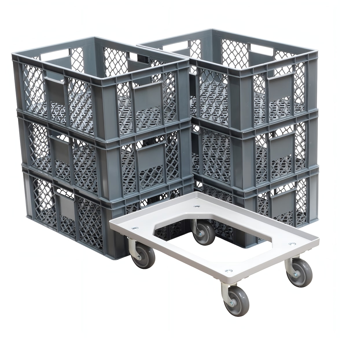 6 Stück Bäckerkisten 600 x 400 x 230 mm + 1 Transportroller in Grau