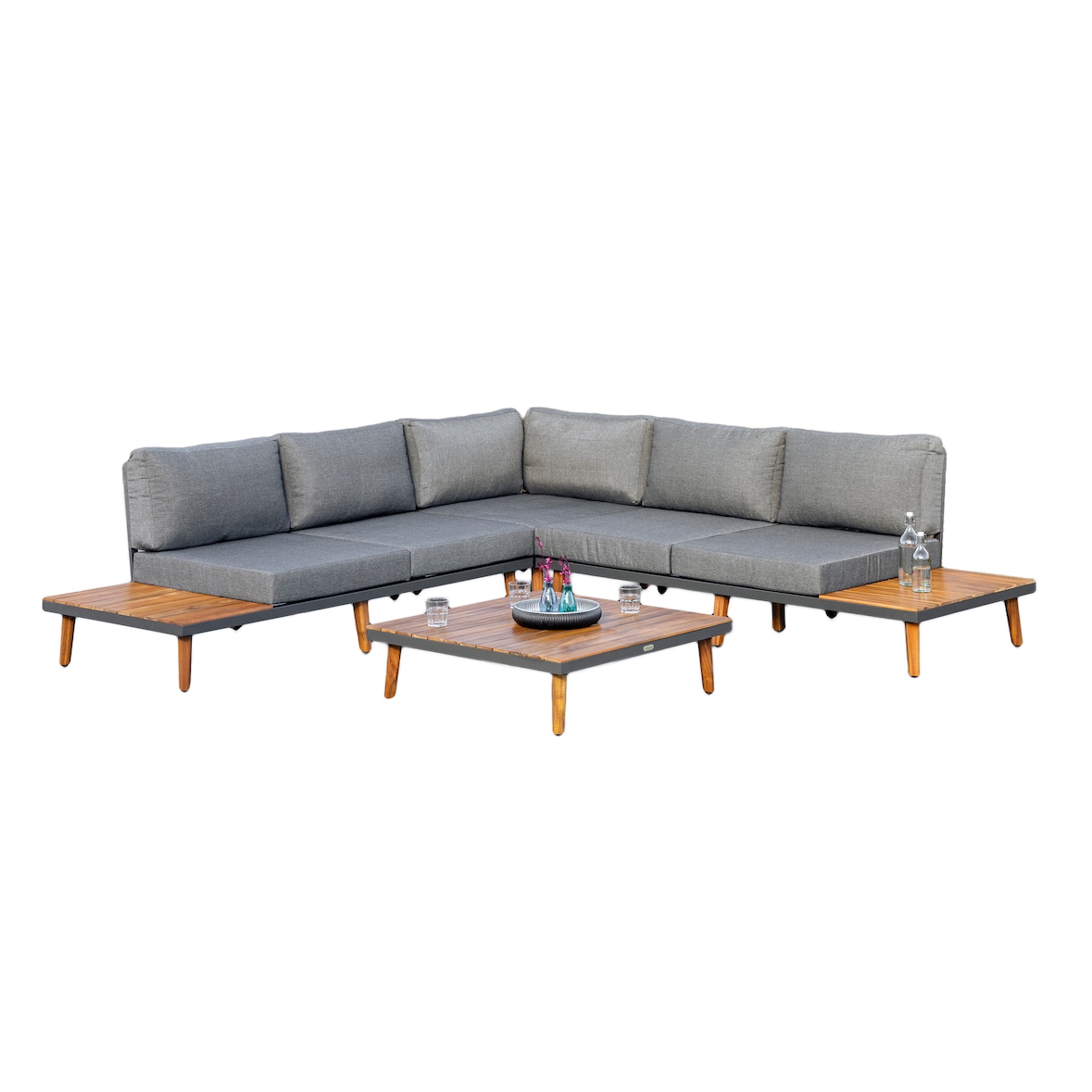 Merxx Athen Eckset, 1 flexible Eckbank, 1 Tisch 95 x 95 cm, vielseitige Aufstellmöglichkeiten, Aluminium/Akazie
