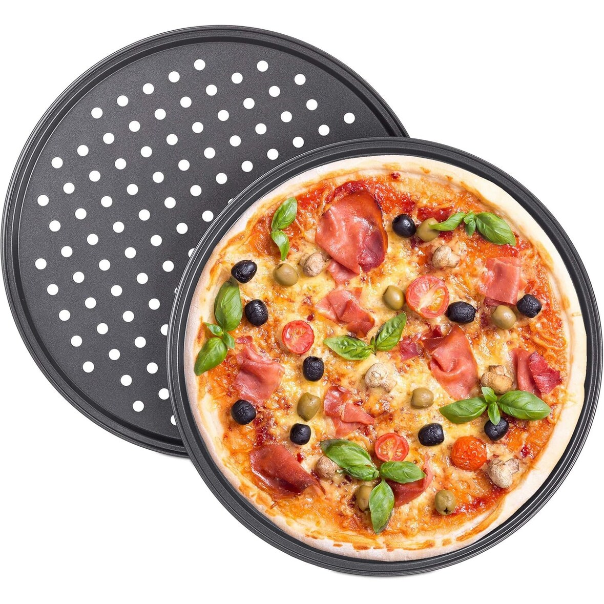 6 Bandejas para Pizza, Moldes Antiadherentes y Perforadas, Acero al Carbono, ∅ 29cm 0% PFOA