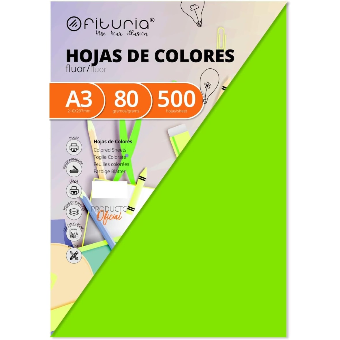 Pack de 500 Hojas, Color Verde Fluor Tamaño A3 80g, Colores Intensos para Manualidades, Diseños Creativos y Proyectos de Arte Ofituria.