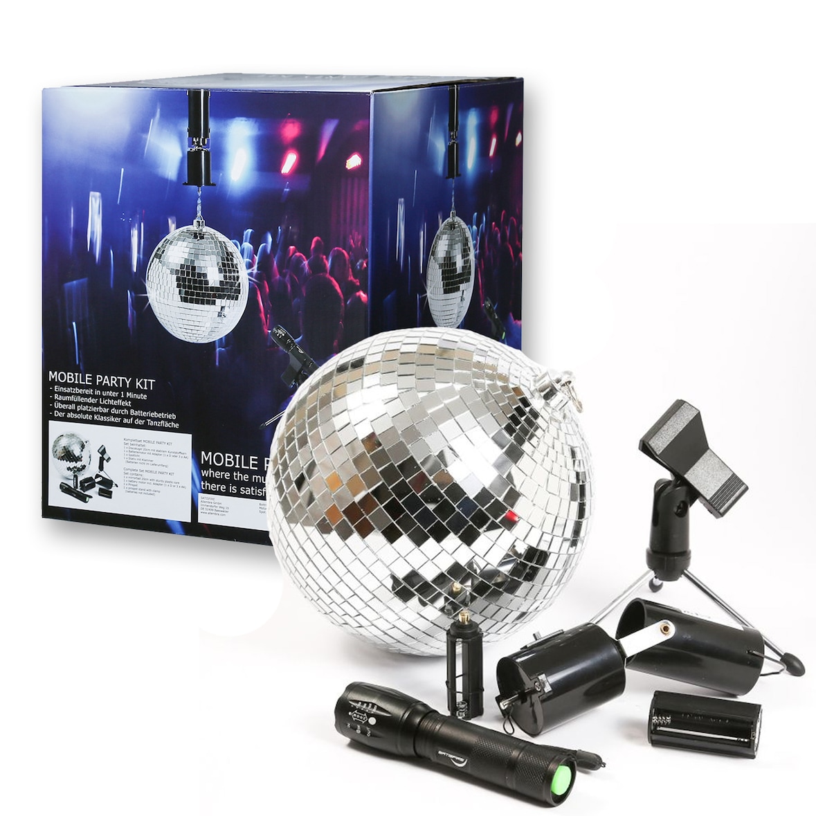 SATISFIRE Discokugel Set Mobile Party Komplettset 20cm Kugel Motor Spot Stativ