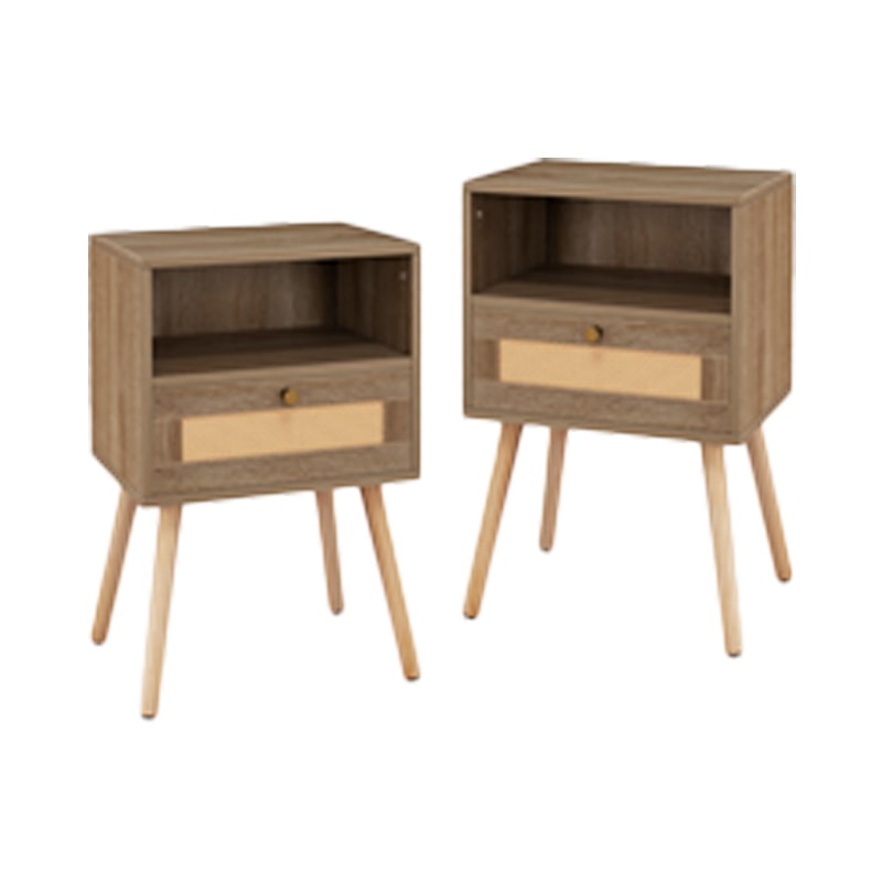 COSTWAY Rattan-Nachttisch, 2er-Set, Nachttisch mit Schublade und offenem Fach
