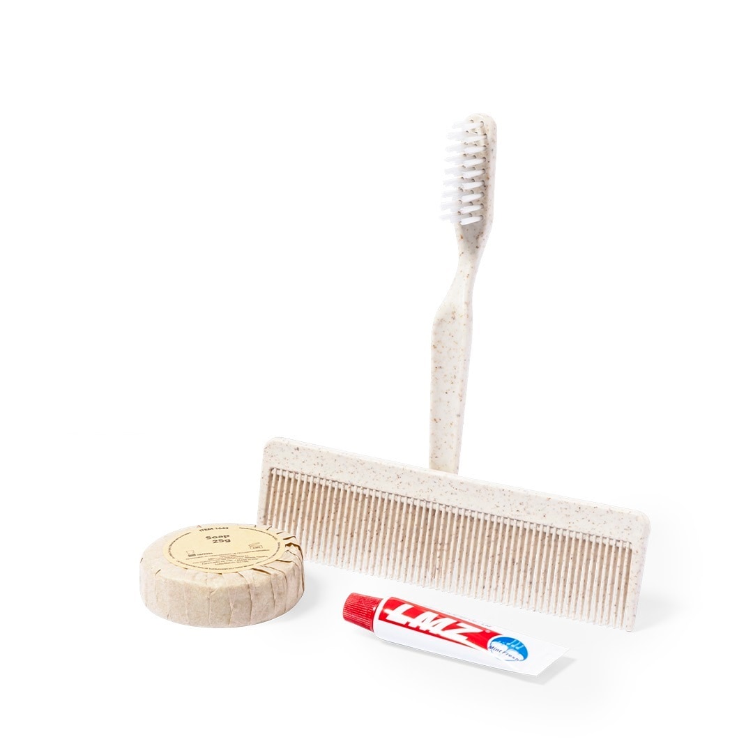 Set de higiene con cepillo de dientes, pasta de dientes, peine y jabón