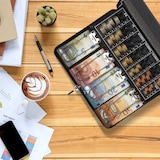 thumbnail of Relaxdays Geldkassette abschließbar, Münzzählbrett & 4 Scheinfächer, Geldkasse Eisen, HxBxT: 8,5 x 30,5 x 24,5 cm, pink