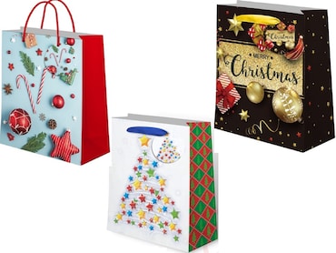Gifty king, sacchetti regalo di natale taglia M, in carta certificata fsc 180gr, 19x25x9, confezione da 12 pezzi, 3 modelli assortiti, multicolore.